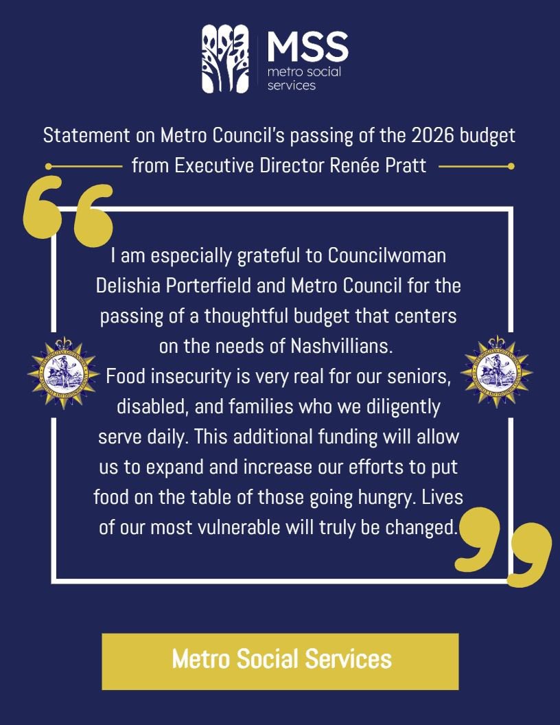 STATEMENT: We are thrilled that Metro Council approved additional funding for MSS to use for food assistance programs in the new budget. This is a game changer for our efforts in reducing food insecurity in our great city!