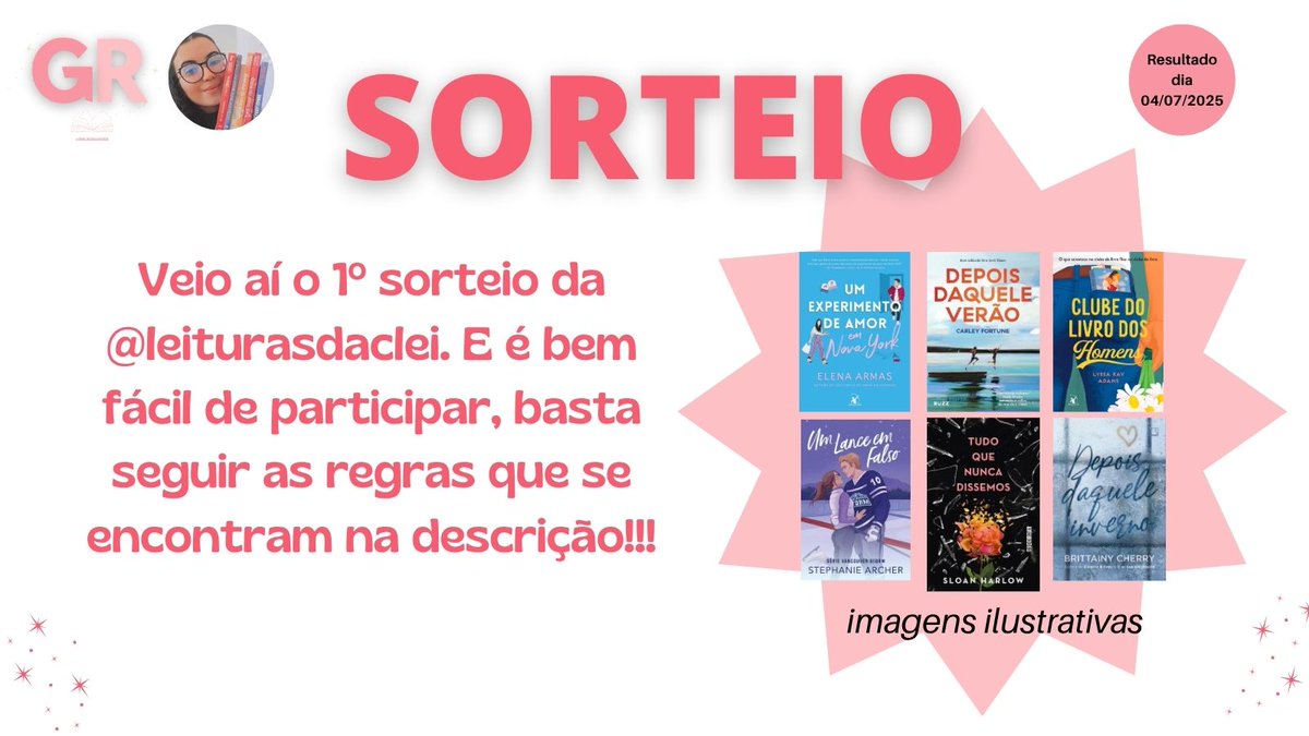 Leituras da Clei📖 (@leiturasdaclei) on Twitter photo ✨1° SORTEIO DA LEITURASDACLEI✨
🎖️ Prêmio: 1 livro de até R$50,00 da sua wishlist.
➡️Regras
💗 Seguir <a href="/leiturasdaclei/">Leituras da Clei📖</a> e <a href="/girlromances/">📖 Promoções e Cupons | @girlromances</a>
💗 Curtir e dar RT nesse tweet
💗 Curtir e dar RT no tweet mencionado
🗣️APENAS 01 GANHADOR
🗓️ Resultado: 04/07/25
Mais informações ⬇️ ✨1° SORTEIO DA LEITURASDACLEI✨
🎖️ Prêmio: 1 livro de até R$50,00 da sua wishlist.
➡️Regras
💗 Seguir <a href="/leiturasdaclei/">Leituras da Clei📖</a> e <a href="/girlromances/">📖 Promoções e Cupons | @girlromances</a>
💗 Curtir e dar RT nesse tweet
💗 Curtir e dar RT no tweet mencionado
🗣️APENAS 01 GANHADOR
🗓️ Resultado: 04/07/25
Mais informações ⬇️