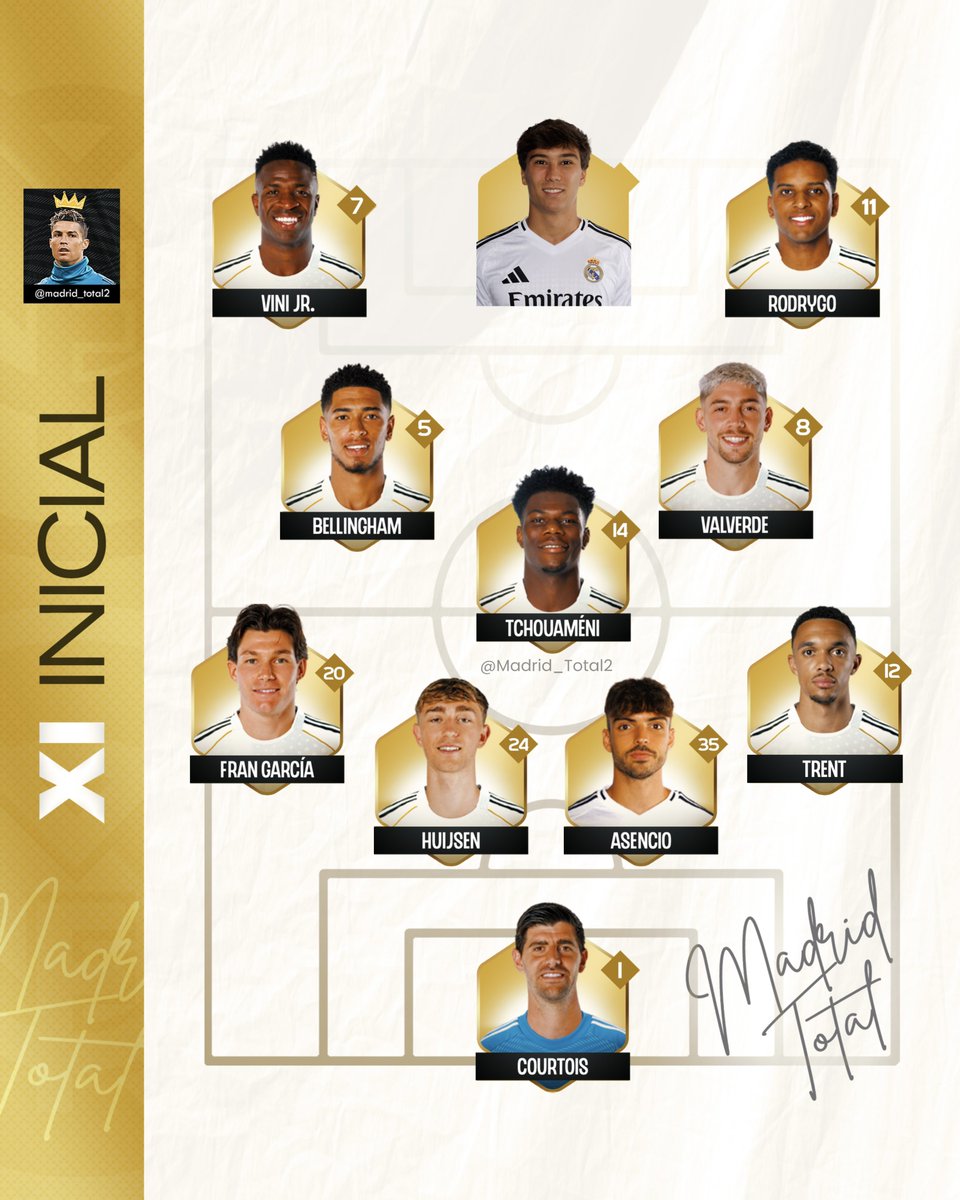 LISTO EL 11 TITULAR DEL REAL MADRID VS AL HILAL. #MundialDeClubes2025 

PRIMER 11 DE XABI ALONSO.

OPINIONES?
