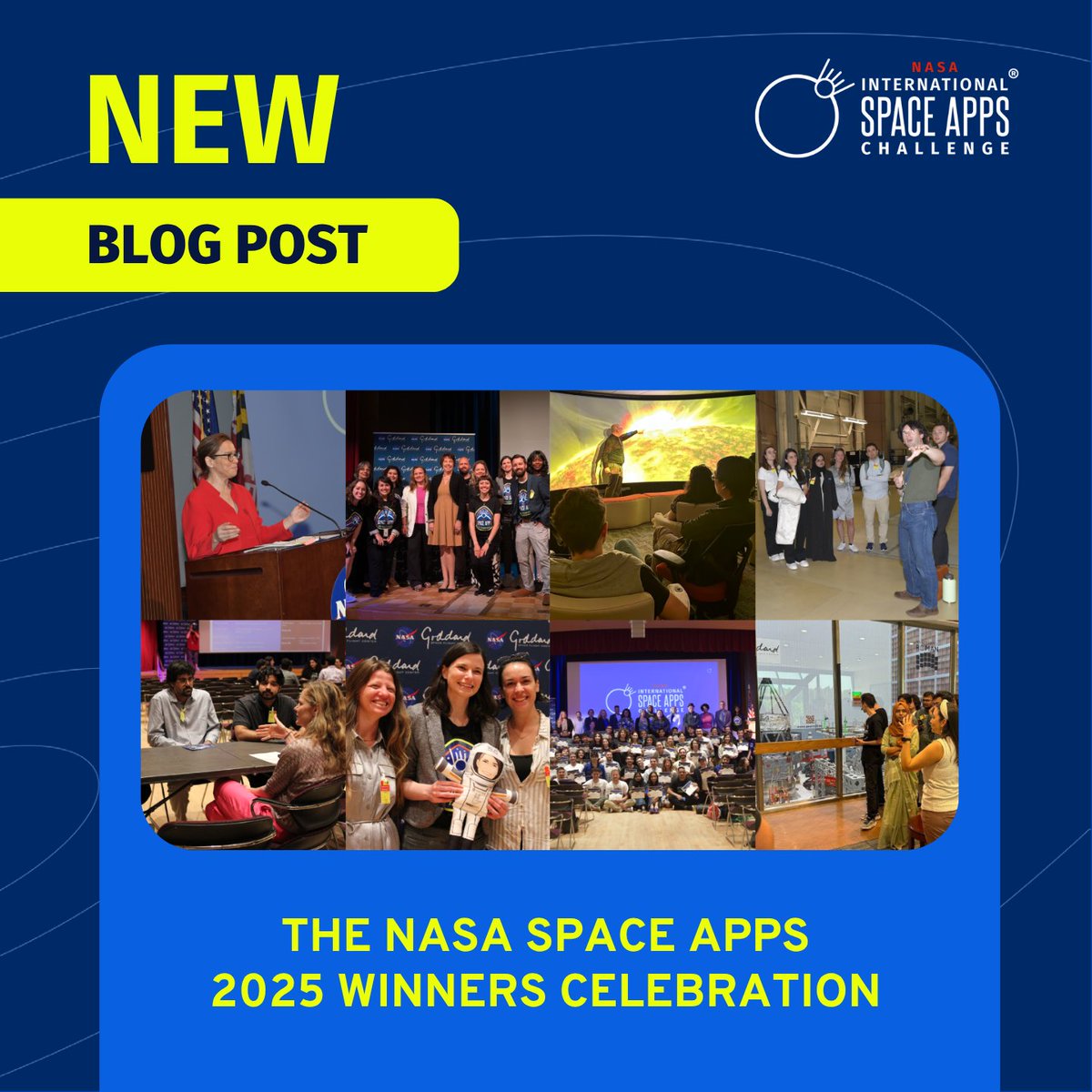 SpaceApps's tweet image. How do we celebrate #SpaceApps Global Winners? 🌎🚀
Our latest blog post gives an inside look into the 2025 Winners Celebration at @nasagoddard, featuring behind the scenes photos, keynotes, and moments of inspiration. Read now: bit.ly/45sAlIP
