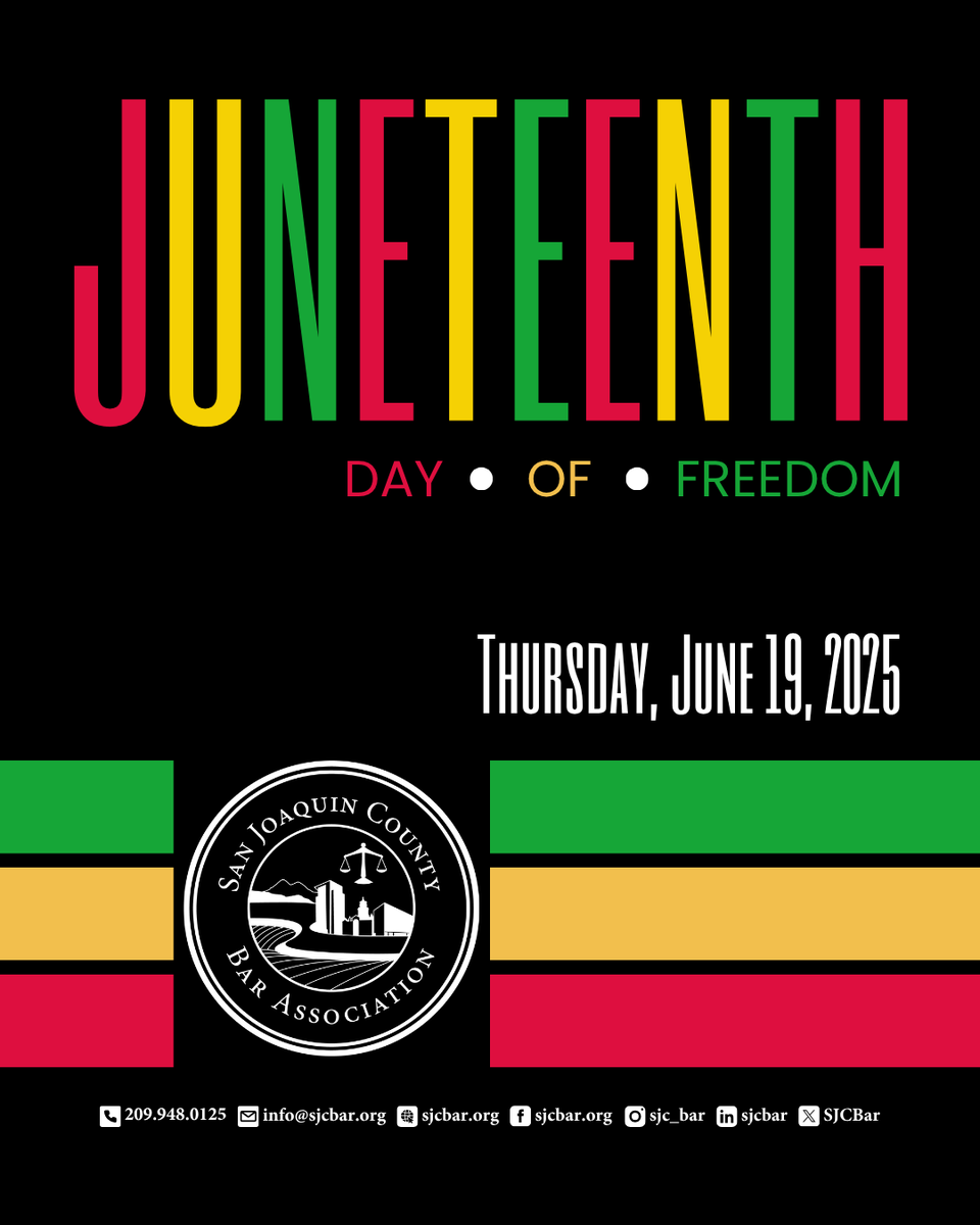 We will be closed on Thursday, June 19, 2025, in observance of Juneteenth. We will reopen on Friday, June 20, 2025. #SJCBA #SJCBAR #Juneteenth #officeclosure