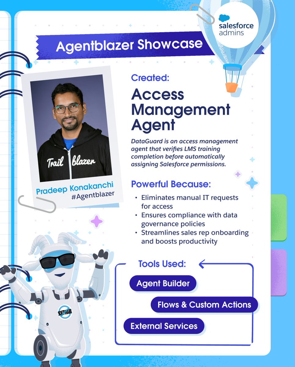 🛡️ Agentblazer @P_Konakanchi built an access management agent that checks LMS training status before granting Salesforce permissions.

This enforces compliance, removes blockers, and saves serious time.

Watch his demo + explore more Agentforce solutions: sforce.co/3SVqrYB