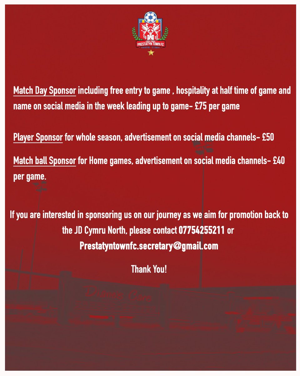 ptfcseasiders's tweet photo. 𝗦𝗽𝗼𝗻𝘀𝗼𝗿𝘀𝗵𝗶𝗽 𝗢𝗽𝗽𝗼𝗿𝘁𝘂𝗻𝗶𝘁𝗶𝗲𝘀 🙌

Please contact 07754 255211 or Prestatyntownfc.secretary@gmail.com if you are interested in partnering with us as we aim for promotion 🤝 https://t.co/WFqPtmuBac
