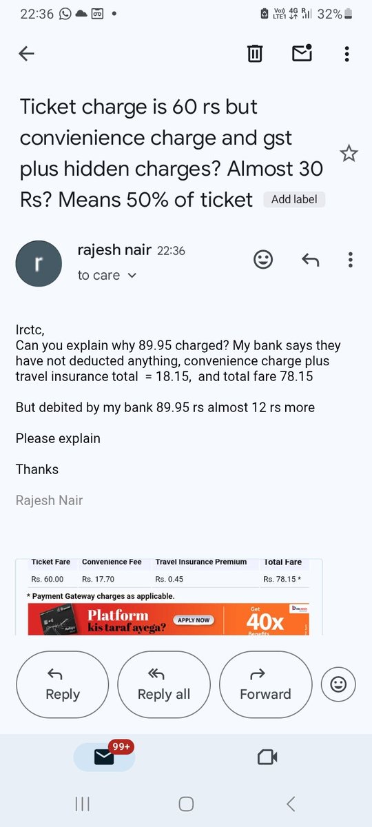 60 Rs. Ticket charge, paid 90 rs I.e 50% more? For what?
