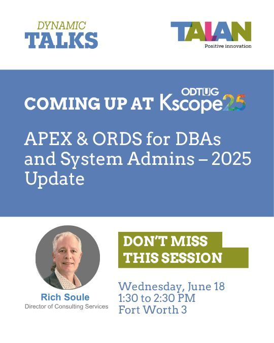 TalanOracleTech's tweet image. DBAs and SysAdmins—@richsoule is presenting his 2025 edition of 2023’s top session: "APEX & ORDS for DBAs and System Admins. #Kscope25 #orclapex