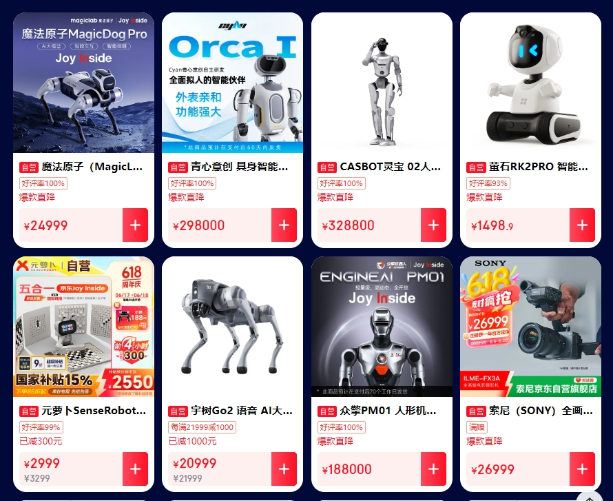 XRoboHub's tweet photo. Here's a look at the latest in humanoid robots hitting the market! During the "618" shopping festival, we're seeing a big wave of humanoids now available for purchase online.

► Cyan's Orca I: Starts at ¥298,000, already has commercial deliveries.
► DroidUp's Walker 2: Features bio-inspired tendons, handles complex terrain, priced from ¥169,800.
► CASBOT's Lingdong Bro: Now on JD for ¥348,800.
► Unitree G1: Still popular at ¥98,500, a bestseller with 1000+ reviews.
► ENGINEAI's PM01/SA01: Diverse models from ¥42,000 to ¥188,000, attracting significant interest.

It's clear humanoids are moving beyond labs, becoming actual products for everyone from researchers to consumers.

#HumanoidRobots #Robotics #618Sale