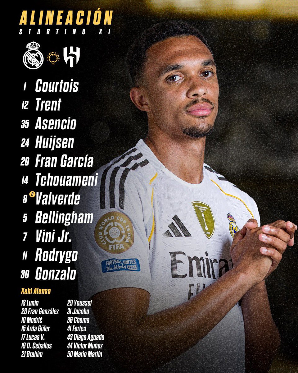 Luis Omar Tapia (@luisomartapia) on Twitter photo 🚨 Trent Alexander-Arnold y Dean Huijsen saldrán como titulares con <a href="/realmadrid/">Real Madrid C.F.</a> frente al <a href="/Alhilal_FC/">نادي الهلال السعودي</a>.
Gonzalo García, de arranque en el debut de Xabi Alonso. 🚨 Trent Alexander-Arnold y Dean Huijsen saldrán como titulares con <a href="/realmadrid/">Real Madrid C.F.</a> frente al <a href="/Alhilal_FC/">نادي الهلال السعودي</a>.
Gonzalo García, de arranque en el debut de Xabi Alonso.
