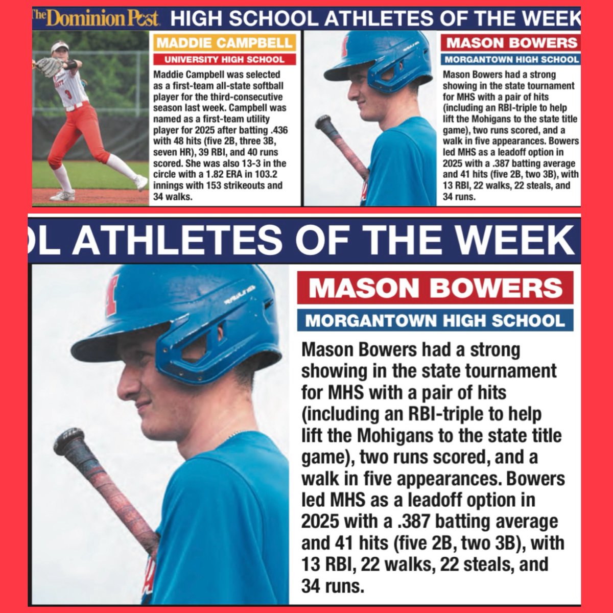 Mohigan Baseball (@mohiganbaseball) on Twitter photo Congrats to our very own Mason Bowers for being this week’s <a href="/dompostsports/">The Dominion Post Sports</a> athlete of the week! Congrats to our very own Mason Bowers for being this week’s <a href="/dompostsports/">The Dominion Post Sports</a> athlete of the week!