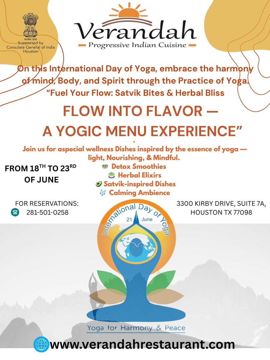 Celebrate International Day of Yoga 2025 with mindful indulgence in the Greater Houston Area!
Verandah – Progressive Indian Cuisine, Houston’s  fine dining restaurant presents a specially curated Satvik &amp; Yogic Menu from June 18–23 2025, featuring detox smoothies, herbal elixirs,