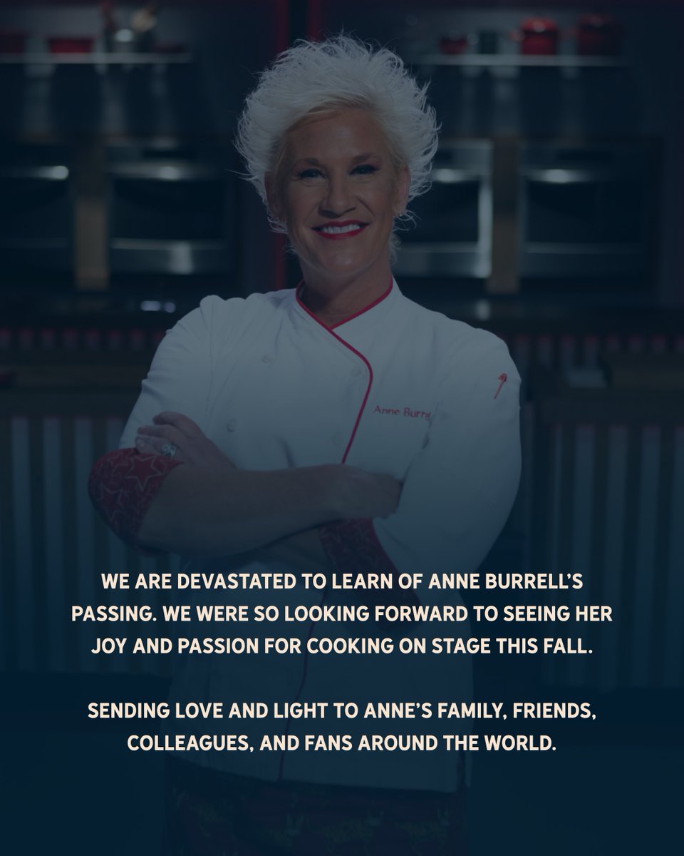 OceansCallingMD's tweet image. We are devastated to learn of Anne Burrell&apos;s passing. We were so looking forward to seeing her joy and passion for cooking on stage this fall. Sending love and light to Anne&apos;s family, friends, colleagues, and fans around the world.