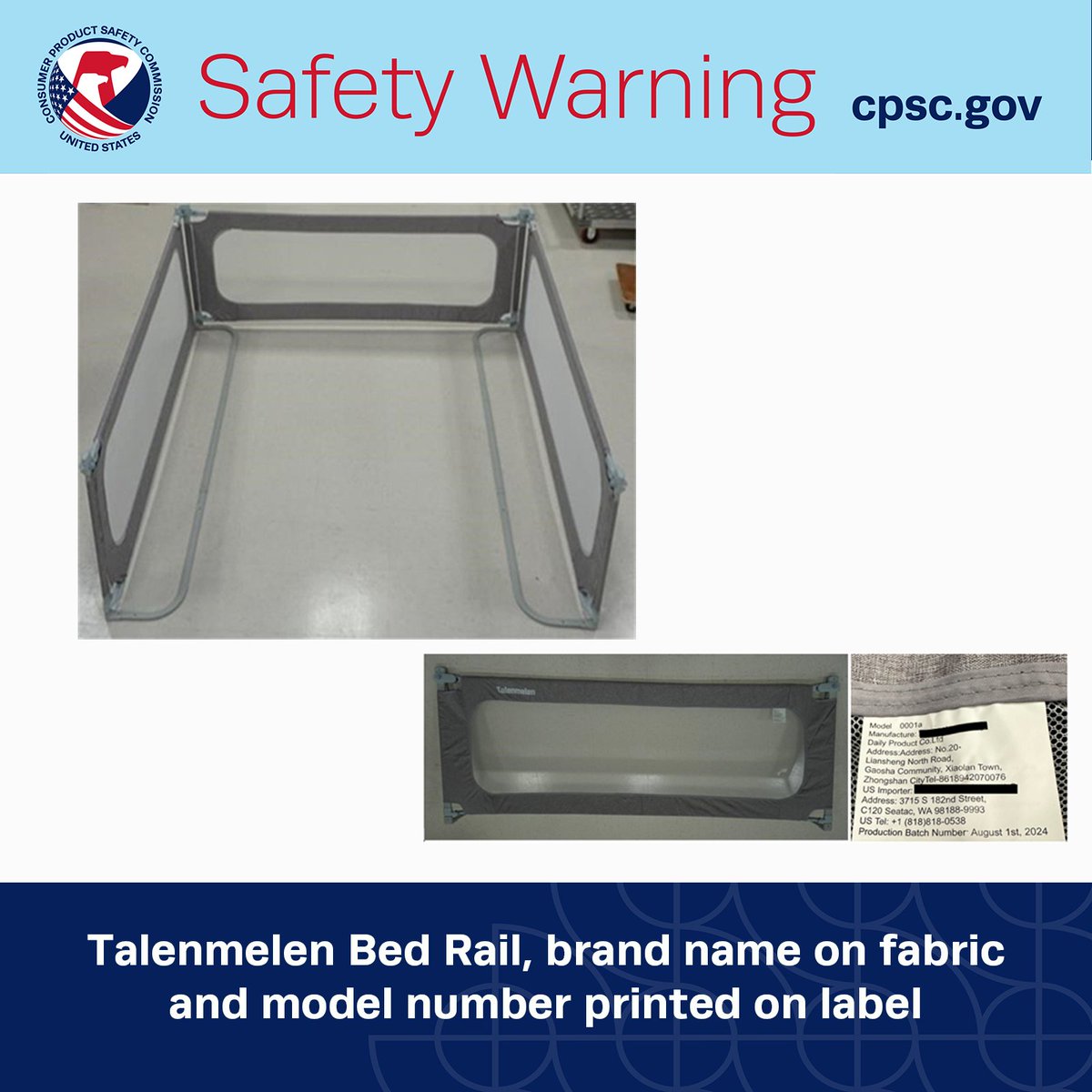 #WARNING: CPSC is warning consumers to immediately stop using Talenmelen Bed Rails due to risk of serious injury or death from entrapment and asphyxiation hazards; violation of federal standard for children’s portable bed rails.

Details: cpsc.gov/Warnings/2025/…