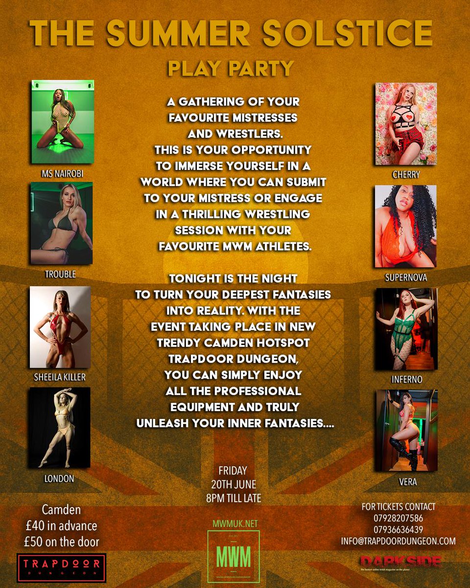 Come see me!
Trap Door Play Party is this Friday 20th June!

Don’t miss out the opportunity to be dominated by gorgeous &amp; powerful women 💪🏼 🤼‍♀️

Tickets are still available

£40 online 
£50 on the door (subject to availability)

outsavvy.com/event/27192/tr…

<a href="/TrapDoorDungeon/">Trap Door Dungeon</a> <a href="/MWM_UK/">MWM</a>