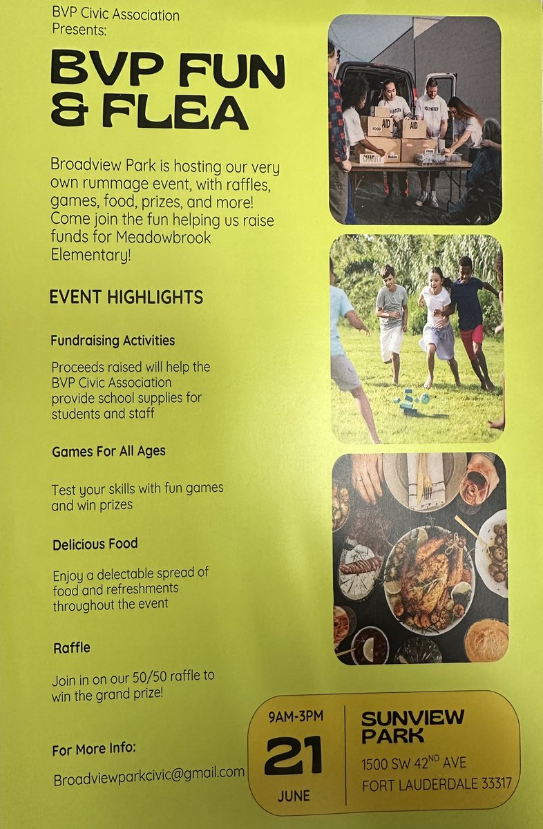 Hey <a href="/MeadowbrookElem/">Meadowbrook Elementary School</a> families: Stop by the Broadview Park Civic Association’s “BVP Fun &amp; Flea” on Saturday, June 21 @ 9am-3pm <a href="/playlauderdale/">FortLauderdaleParks</a> Sunview Park in <a href="/FTLCityNews/">City of Fort Lauderdale</a>. Proceeds raised help provide school supplies to our school. 📚