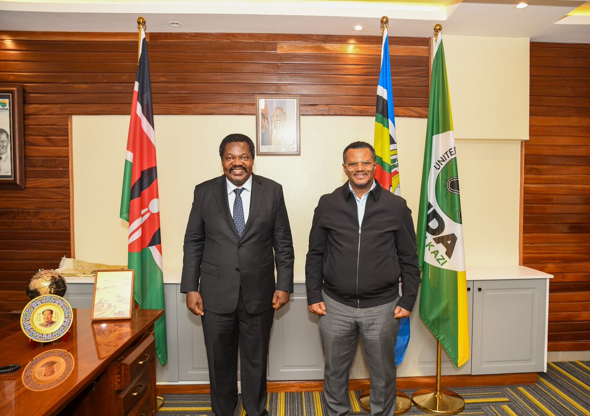 UDAKenya's tweet photo. Today, the Secretary General of the Chama Cha Mapinduzi (CCM) Balozi Dr Emmanuel Nchimbi paid a courtesy call to UDA Secretary General Sen. Hassan Omar Hassan at his office, Hustler Plaza.

Talks between the two leaders focused on modalities of bolstering relations between the CCM and UDA Party for the benefit of the people of the two friendly and neighbouring countries.

CCM has been in power in Tanzania for a long and has successfully established strong grassroots-led movements and organizational structures. These are the models that UDA aims to emulate going forward.

CCM's Secretary General was accompanied by the High Commissioner of Tanzania to Kenya H.E Dr. Bernard Yohana Kibesse.
