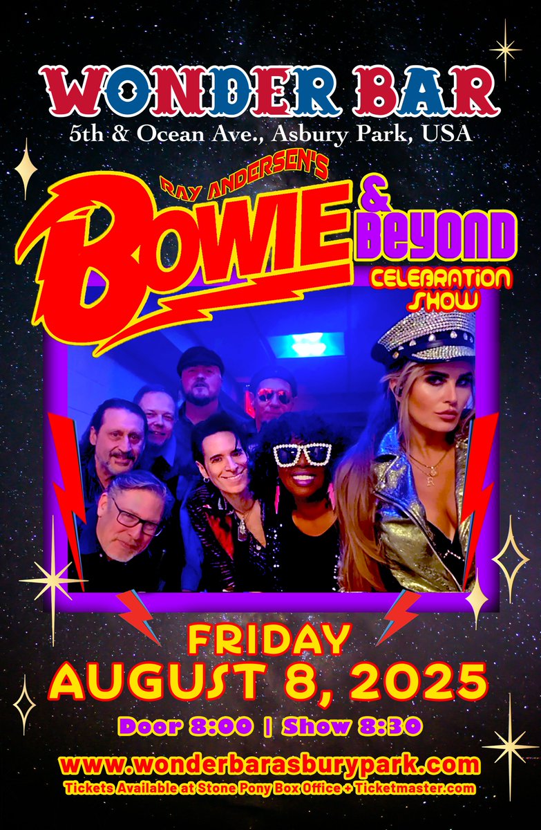 Ray Andersen's Bowie &amp; Beyond @ Wonder Bar - Fri Aug 8th
All-Star Jersey Shore DAVID BOWIE TRIBUTE an amazing show with
an amazing Cast! Let the good times roll... Showtime 8:30pm
ticketmaster.com/event/000062BC…