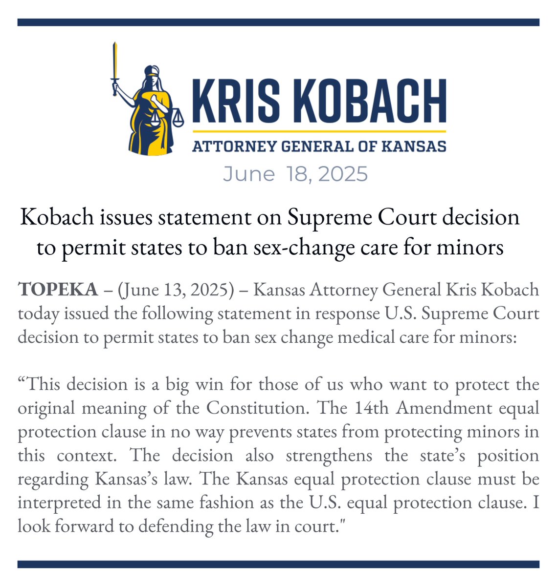 KSAGOffice's tweet image. This decision is a big win for those of us who want to protect the original meaning of the Constitution. The 14th Amendment equal protection clause in no way prevents states from protecting minors in this context. The decision also strengthens the state’s position regarding…