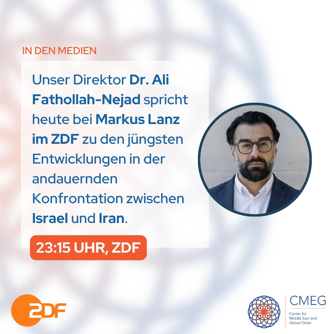 Center for Middle East and Global Order (CMEG) (@cmeg_mideast) on Twitter photo Unser Direktor <a href="/AFathollahNejad/">Ali Fathollah-Nejad, PhD</a> ist heute zu Gast bei Markus Lanz um 23:15 Uhr im <a href="/ZDF/">ZDF</a>. Er informiert über die aktuelle Situation der Zivilgesellschaft im Iran und spricht über die politische Lage: "Seit Kriegsbeginn herrscht Panik im Teheraner Regime." Unser Direktor <a href="/AFathollahNejad/">Ali Fathollah-Nejad, PhD</a> ist heute zu Gast bei Markus Lanz um 23:15 Uhr im <a href="/ZDF/">ZDF</a>. Er informiert über die aktuelle Situation der Zivilgesellschaft im Iran und spricht über die politische Lage: "Seit Kriegsbeginn herrscht Panik im Teheraner Regime."