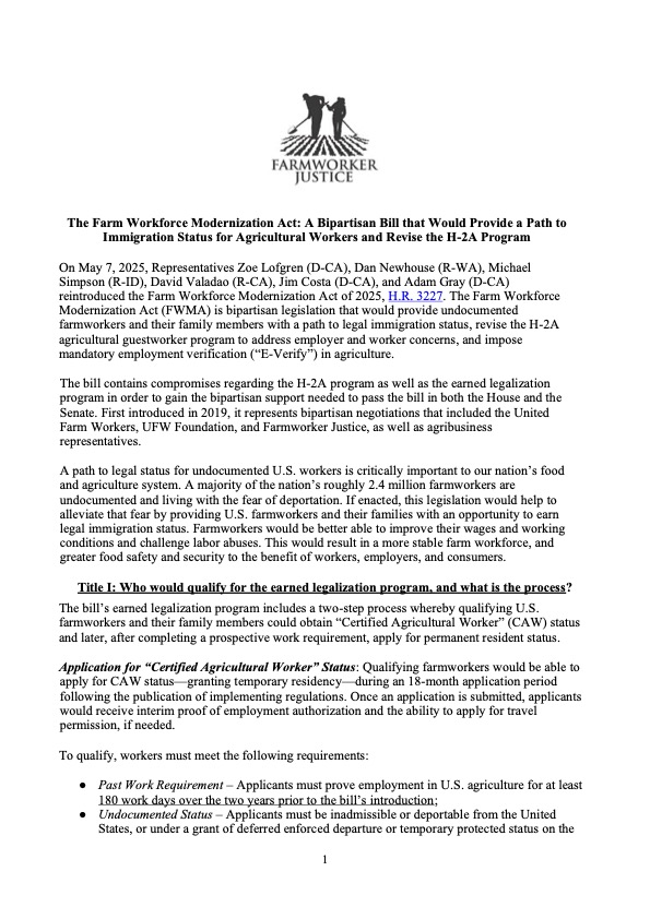 A stable farm workforce means a stable food system. Passing the Farm Workforce Modernization Act would allow farmworkers to legally continue their work. Read our fact sheet on this important legislation here: bit.ly/45tVpi7 
and DONATE HERE: bit.ly/4ks8rkQ