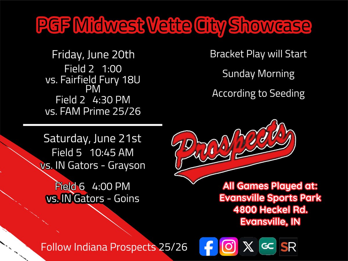 Schedule change for Prospects at Vette City Showcase in Evansville. New pool play games and times for Friday and Saturday are shown here.
