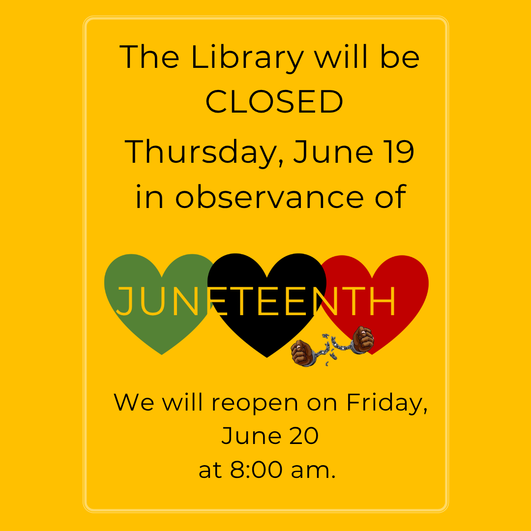 LIBRARYosuit's tweet photo. Hope your day is going well, OSUIT! 

In observance of Juneteenth, the library will be closed on Thursday, June 19th (tomorrow).

The library will reopen on Friday, June 20th at 8am. https://t.co/YeGtdBGd19