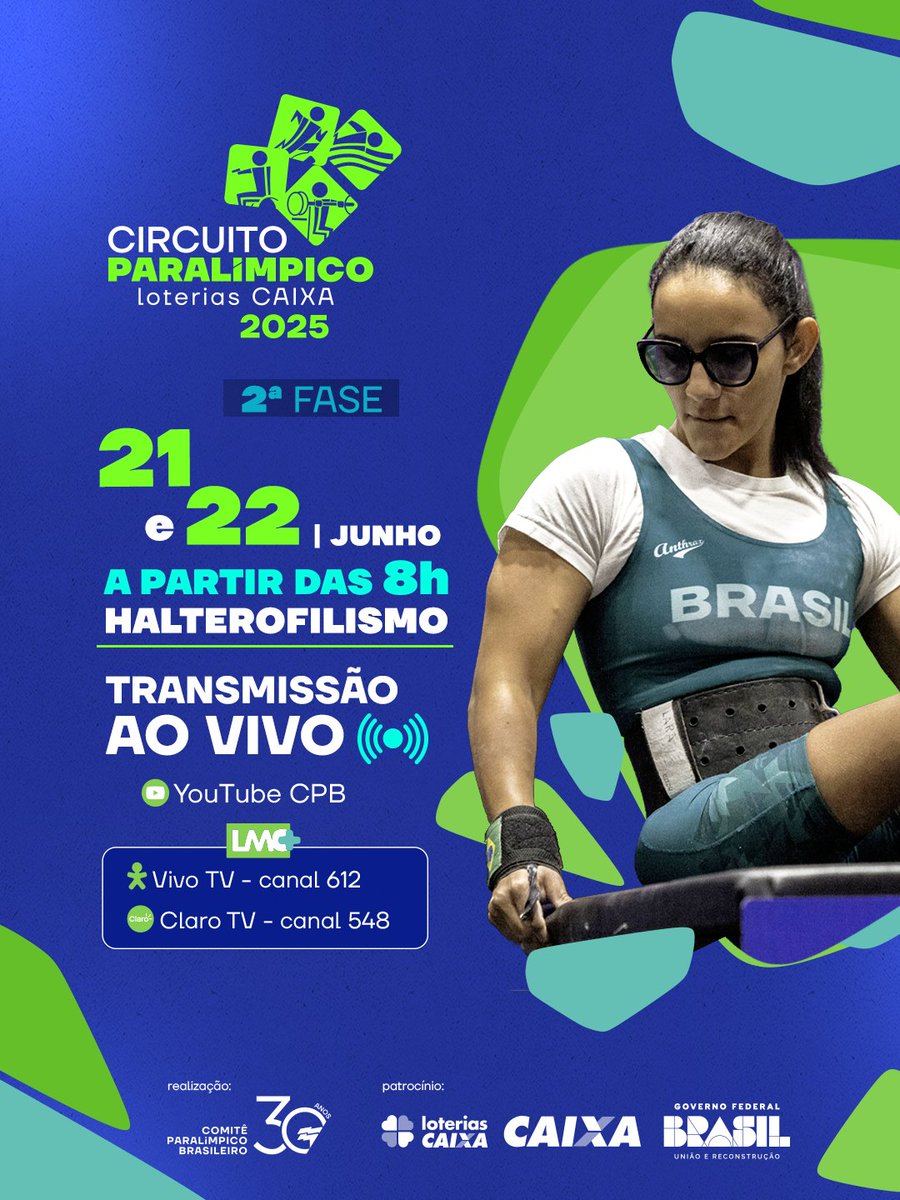 Comitê Paralímpico Brasileiro (@braparalimpico) on Twitter photo Tá chegando a hora! 🔥
Neste fim de semana, dias 21 e 22 de junho, tem Circuito Paralímpico <a href="/loteriascaixa/">loteriascaixa</a> de halterofilismo com mais de 100 atletas que estão na preparação para o Mundial do Egito, em outubro. 🇧🇷✈️🇪🇬
E vocês têm um encontro marcado com a gente: estaremos ao Tá chegando a hora! 🔥
Neste fim de semana, dias 21 e 22 de junho, tem Circuito Paralímpico <a href="/loteriascaixa/">loteriascaixa</a> de halterofilismo com mais de 100 atletas que estão na preparação para o Mundial do Egito, em outubro. 🇧🇷✈️🇪🇬
E vocês têm um encontro marcado com a gente: estaremos ao