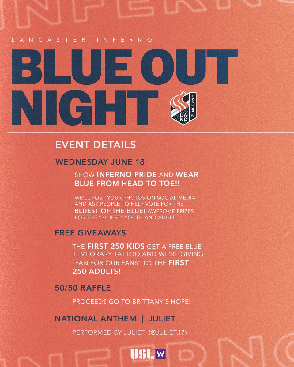 LANCinferno's tweet photo. BLUE 🔵UT TONIGHT!

⚽️ @USLWLeague match
🆚 Eagle FC
📆 Wednesday, June 18
⏰ 7pm ET
🏟️Penn Medicine Park (Lancaster, PA)
👕 Show your Inferno pride by wearing blue from head to toe!
🎉 Giveaways to first 250 fans
🎟️ https://t.co/9e67WDdiIu https://t.co/2Q9xQbclJf