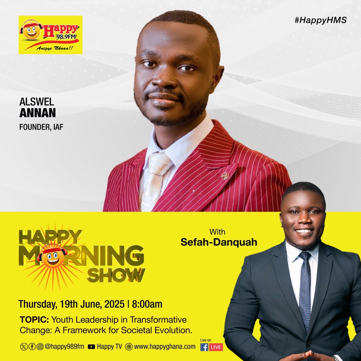 Kindly join me live on happy fm tomorrow. Thank you!