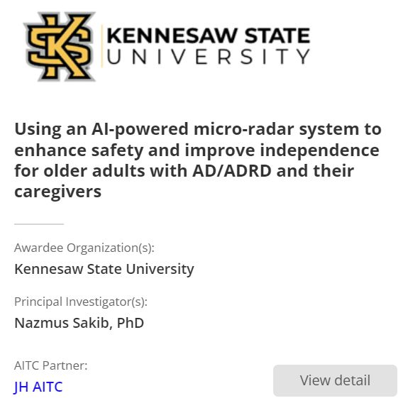 a2 Collective #awardee <a href="/kennesawstate/">Kennesaw State University</a> is piloting an AI micro-radar system to support safety and independence for older adults with #ADRD. Led by Nazmus Sakib in collaboration with <a href="/JH_AITC/">JHU AI/Tech & Aging</a>. #cohort4 #AI #caregiving #aginginplace a2collective.ai/awardees/kenne…