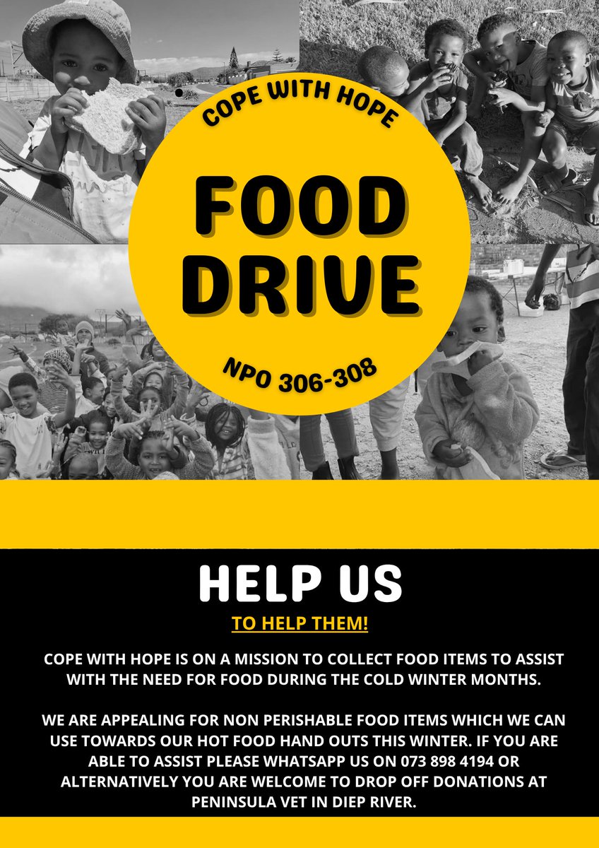 Cope with Hope has started preparing &amp; handing out hot food to the 200+ residents in The Gatjie as well as our homeless friends in Diep River &amp; Plumstead. 

We are currently running our Food Drive in conjunction with our 5th Cope with Hope Winter Warm-Up.