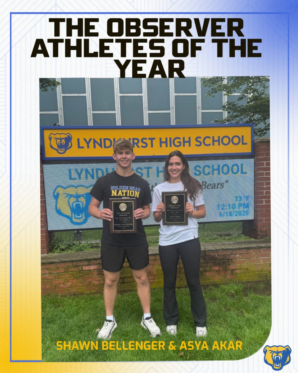 CONGRATULATIONS TO SHAWN BELLENGER &amp; ASYA AKAR ON BEING NAMED THE OBSERVER MALE &amp; FEMALE ATHLETES OF THE YEAR!  BACK TO BACK YEARS LYNDHURST ATHLETES HAVE SWEPT THIS AWARD.