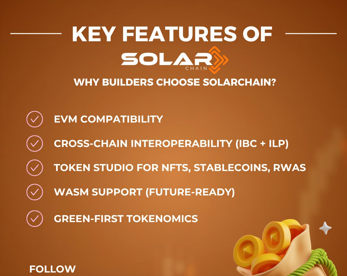 QueenSolarChain's tweet image. **🚀 Why Builders Love #SolarChain!**  

The #blockchain built for devs, #dApps, and the planet 🌍 **Launching soon!**  

✅ #EVM Compatible  
✅ Cross-chain magic with #IBC &amp;amp; #ILP 🔗  
✅ #Token Studio for #NFTs, stablecoins &amp;amp; #RWAs 🏦  
✅ #WASM Support (future-proof ⚡)  
✅…