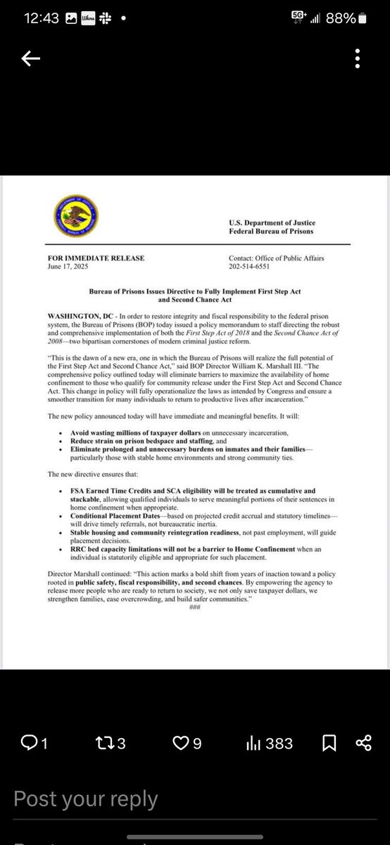 MarcALevin's tweet photo. New @OfficialFBOP memo is another major step forward in achieving full implementation of both the First Step Act and Second Chance Act! https://t.co/hWSJYGKbPa