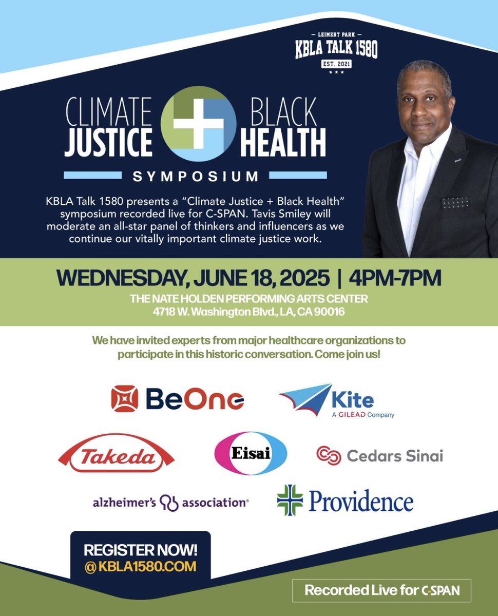 TODAY‼️

KBLA Talk 1580 presents a “Climate Justice + Black Health” symposium recorded live for C-SPAN. Tavis Smiley will moderate an all-star panel of thinkers and influencers as we continue our vitally important climate justice work. 

Register NOW @ kbla1580.com