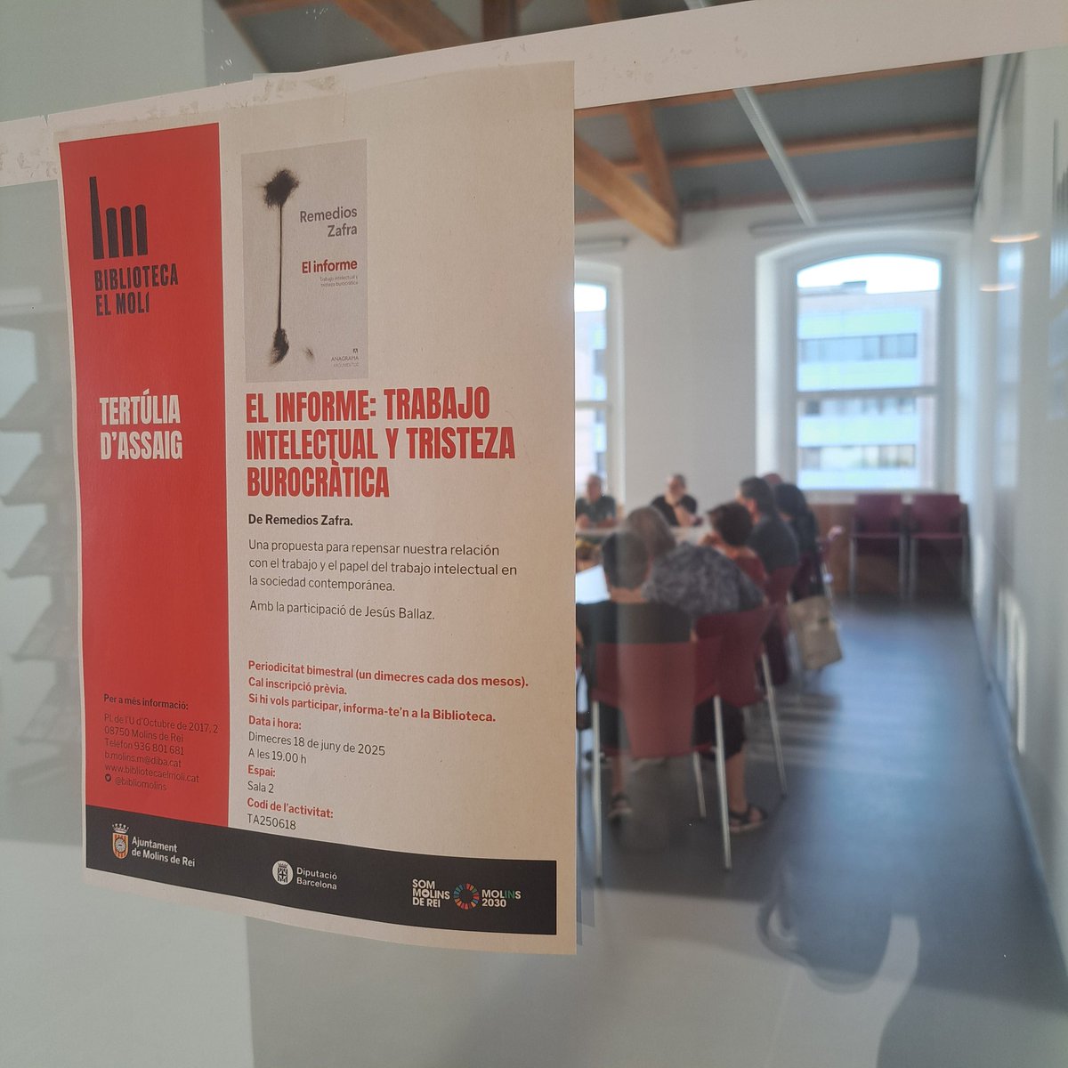 Biblioteca de Molins de Rei (@bibliomolins) on Twitter photo Avui dimecres, final de curs de la Tertúlia d'assaig de la #BibliotecaelMolí, amb la participació de <a href="/JesusBallaz/">Jesús Ballaz</a>.
🔜Tornem al setembre!
📌 Si t'agrada llegir i reflexionar sobre temes d'actualitat, aquest és el teu Club! Avui dimecres, final de curs de la Tertúlia d'assaig de la #BibliotecaelMolí, amb la participació de <a href="/JesusBallaz/">Jesús Ballaz</a>.
🔜Tornem al setembre!
📌 Si t'agrada llegir i reflexionar sobre temes d'actualitat, aquest és el teu Club!