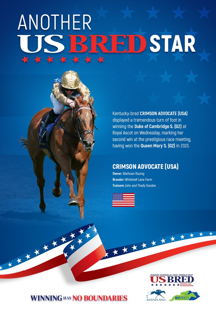 Congratulations to the connections of Kentucky-bred Crimson Advocate (USA), now a two-time Group winner at Royal Ascot! #royalascot2025