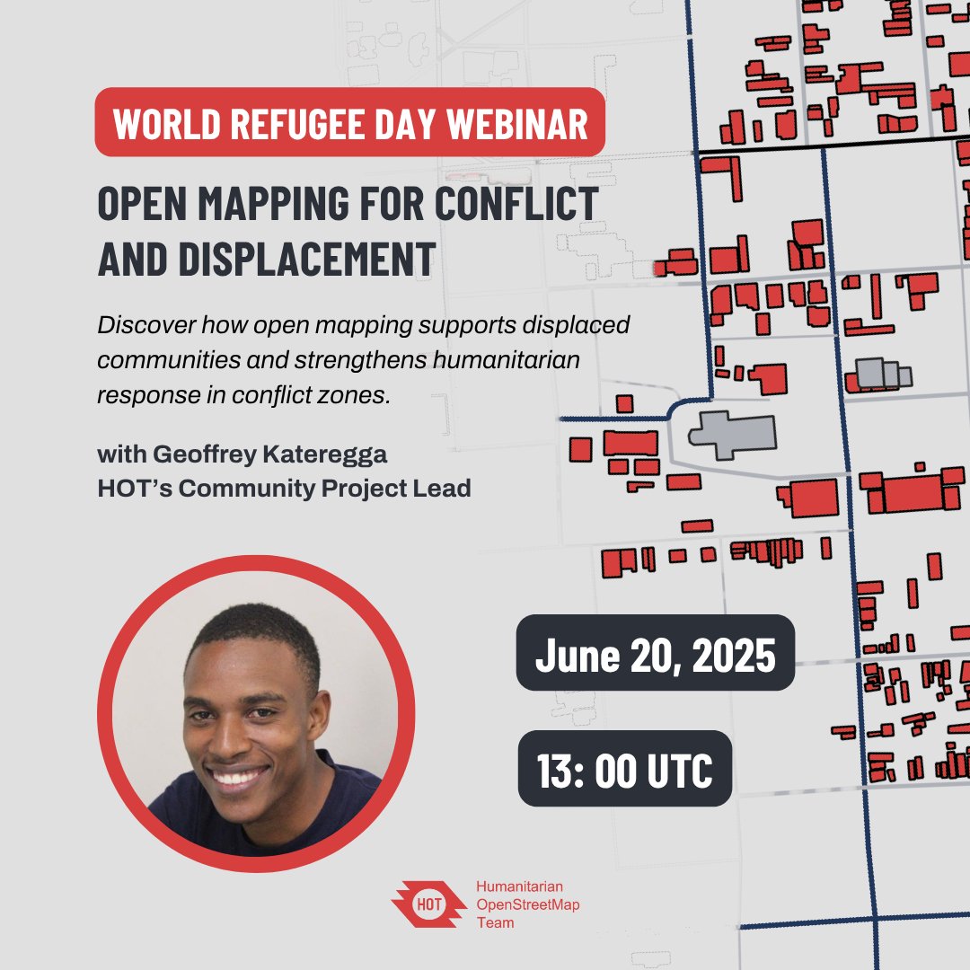 Join us on June 20 for the World Refugee Day Webinar: Open Mapping for Conflict &amp; Displacement. 

Learn how open mapping can support displaced communities and enhance humanitarian response in conflict zones.

🔗 Register now: bit.ly/3FHYi4h
🕐 Time: 13:00 UTC