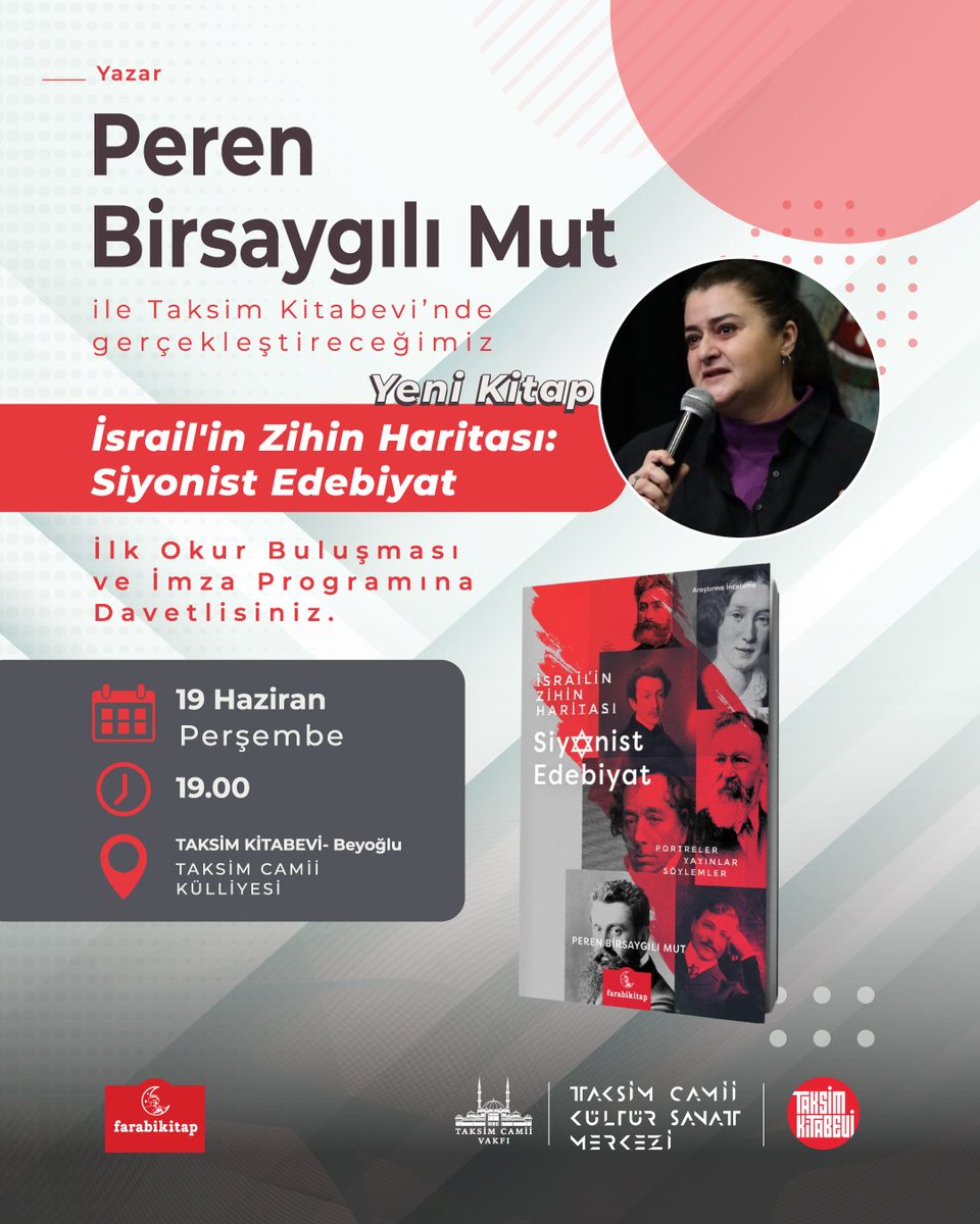 Yarın, son kitabım "İsrail'in Zihin Haritası: Siyonist Edebiyat"ın ilk okur buluşması ve imza günü gerçekleşecek inşallah 🇵🇸 
📌 Taksim Camii Külliyesi içinde yer alan Taksim Kitapevi'nde, saat 19.00'da