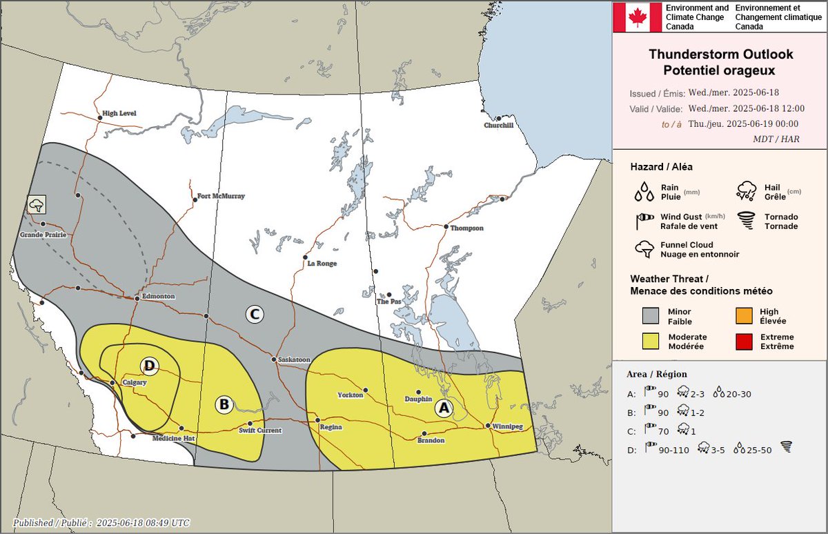 ECCCWeatherAB's tweet image. Thunderstorms are expected through much of Alberta today, especially in the south where we could see supercells develop in the afternoon. Threats with these storms include large hail and strong winds but a tornado is also possible. Stay tuned to alerts this afternoon #abstorm