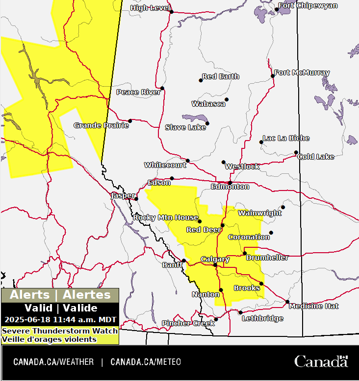 ECCCWeatherAB's tweet image. Thunderstorms are expected through much of Alberta today, especially in the south where we could see supercells develop in the afternoon. Threats with these storms include large hail and strong winds but a tornado is also possible. Stay tuned to alerts this afternoon #abstorm