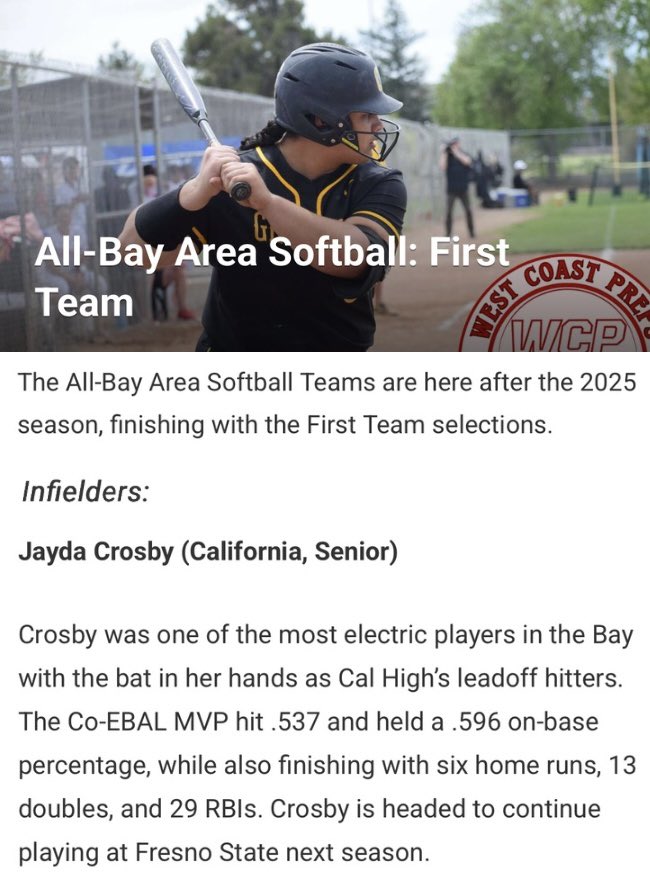 Jayda Crosby (@jaydacrosby2025) on Twitter photo Thank you <a href="/westcoastpreps_/">West Coast Preps</a>! Truly honored to be named to the All-Bay Area Softball First Team. What an incredible way to close out my high school career. Thankful for every moment & beyond excited for the next chapter with <a href="/FresnoStateSB/">Fresno State Softball</a>! 🔴🥎🔵 #GoDogs
<a href="/CharMorgan34/">Charlotte Morgan</a> <a href="/BatbustersC/">Batbusters Ching 18U</a> Thank you <a href="/westcoastpreps_/">West Coast Preps</a>! Truly honored to be named to the All-Bay Area Softball First Team. What an incredible way to close out my high school career. Thankful for every moment & beyond excited for the next chapter with <a href="/FresnoStateSB/">Fresno State Softball</a>! 🔴🥎🔵 #GoDogs
<a href="/CharMorgan34/">Charlotte Morgan</a> <a href="/BatbustersC/">Batbusters Ching 18U</a>