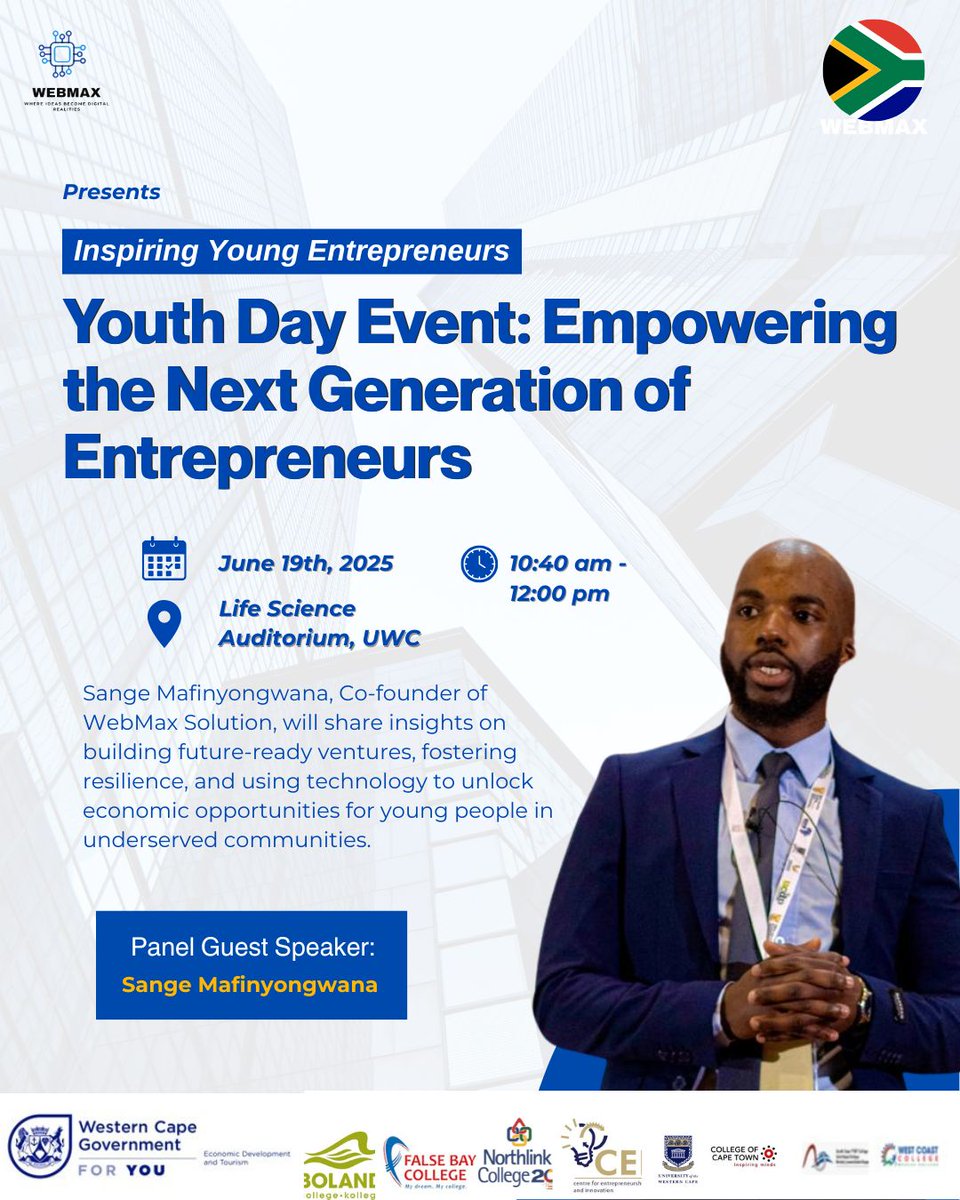 SolutionWe81133's tweet image. Catch WebMax Co-founder Sange Mafinyongwana at the Youth Day Entrepreneurship Panel in Cape Town! 

🗓️ 19 June | 🕙 10:40AM 

#YouthDay2025 #WebMax #Entrepreneurship #CapeTownEvents
