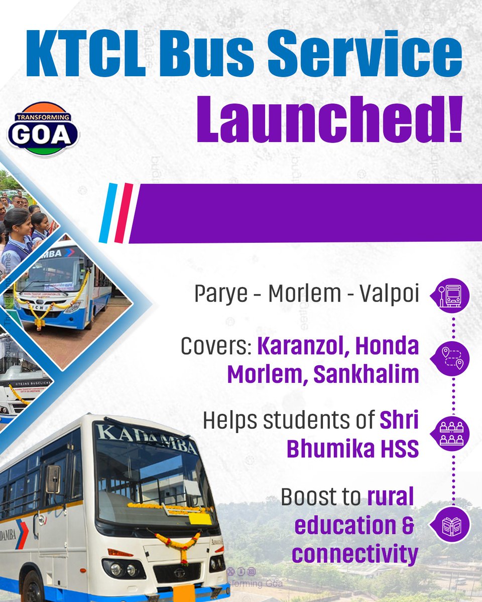 TransformingGoa's tweet image. New KTCL Bus Route = Easier access to education!
Students of Shri Bhumika HSS and locals now have smoother, safer travel from Parye to Valpoi.

Another step towards Transforming Goa through better rural connectivity! 💪

@DrPramodPSawant @goacm

#TransformingGoa #KTCL #KadambaBus