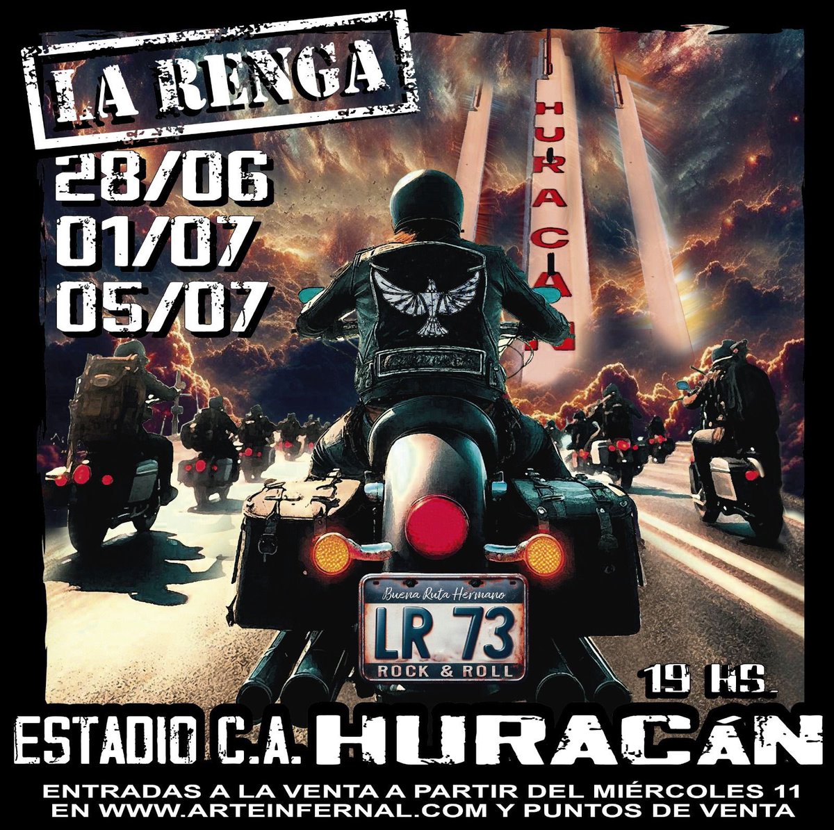 Ojo amigos , que andan diciendo cosas que no son ,. La renga toca el 28 de junio el 1 de julio y el 5 de julio en huracán ., no hay fechas,  en agosto ,en capital ., no se coman la curva ., Gracias .,