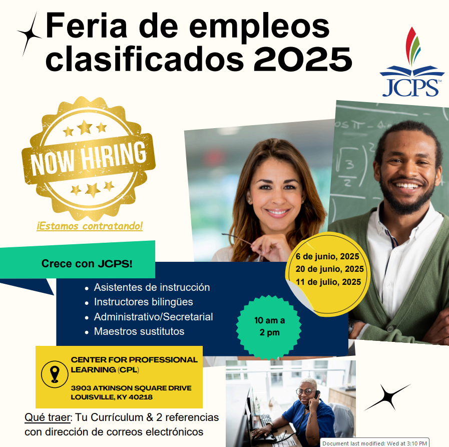 📣La próxima feria de trabajo de JCPS: 📣

🟥Este viernes 20 de junio🟥10:00AM a 2:00PM🟥

Además de los puestos a continuación, hay puestos disponibles en los departamentos de Servicios de Nutrición, Seguridad, Mantenimiento, Mecánica y Limpieza. #SomosJCPS #AhoraContratando