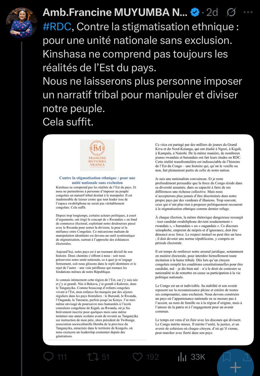 🚨🚨🚨Chère Dada Francine, que j’aime beaucoup et qui m’a bloqué 

⭐️⭐️⭐️⭐️⭐️——-
En vous entendant dire que “Kinshasa ne comprend pas les réalités de l’Est”, j’ai ressenti une profonde tristesse. Parce qu’à un moment, il faut savoir regarder l’histoire en face… et avoir le
