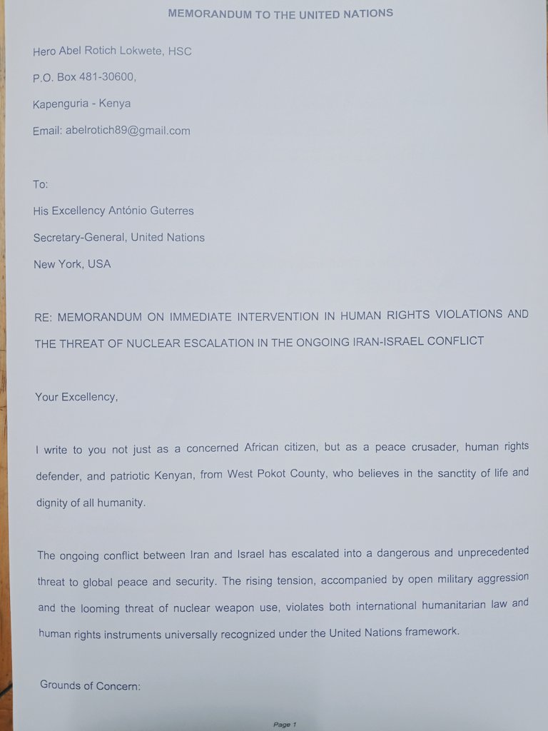 Your Excellency Antonio Guterres Secretary-General UN-
"Memorandum on immediate Intervention in Human Rights violations &amp;Threat of Nuclear Escalation in the Ongoing IRAN-ISRAELI Conflict."