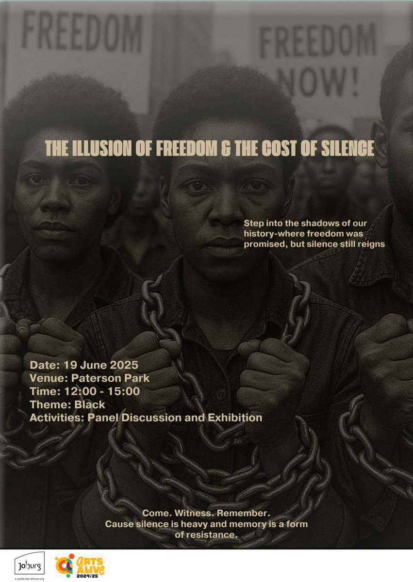 Join us for a powerful reflection on the scars of our past. Through panels &amp; exhibitions, we confront the realities of freedom in SA.
Date: 19 June 2025
Location:  Paterson Park
Time: 12:00–15:00
Theme: Black
#ArtsAlive #JoburgCulture #CityOfJoburg