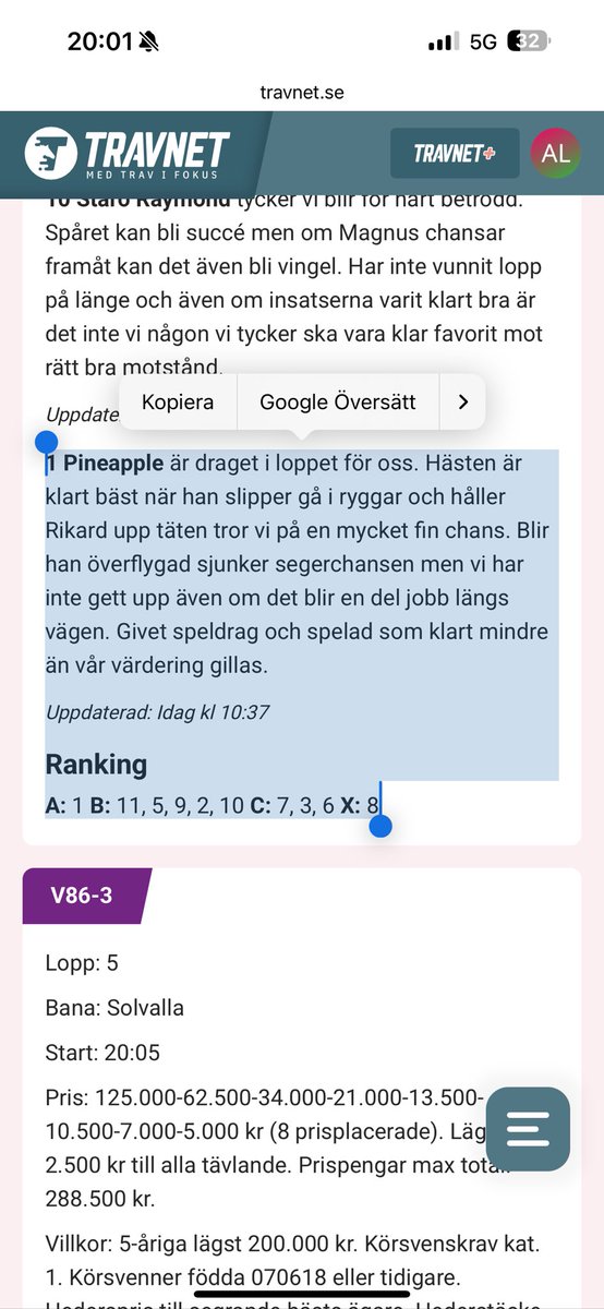 Fin leverans av dynamiska ranken på Travnet PLUS! travnet.se/v86-tips-toppl… V86-tips: Topplopp på Solvalla – Allegiant mot ny seger?
