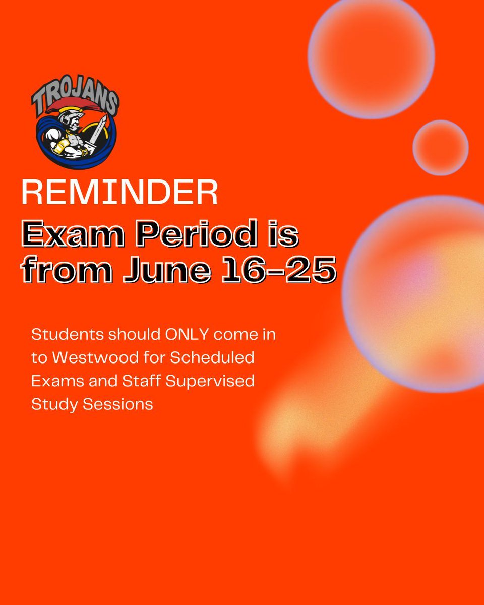 Exams start on Monday.

Students are reminded that they only need to come in to the building for their exams and for staff supervised study sessions.  

Report cards will be available via Power School on June 27 at 3pm.