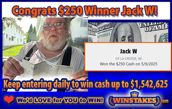 🏆Congrats, Jack W. of La Crosse, Wisconsin, $250 Cash #Winner! Thanks for the 😎 photo!🤳

✔️Keep entering daily: ow.ly/puxJ50WbJYE
😍Win up to $1,542,625 Cash 100% FREE!!!
❤️We'd LOVE for YOU to Win!🥰